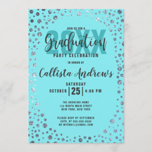 Aqua Blauwgroen Silver Glitter Confetti Afstuderen Kaart