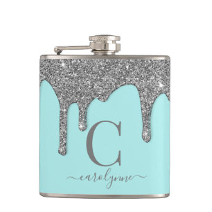 Aqua Blauwgroen Silver Sparkle Glitter Drift Monog Heupfles