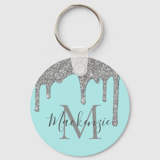 Aqua Blauwgroen Silver Sparkle Glitter Drift Monog Sleutelhanger (Voorkant)