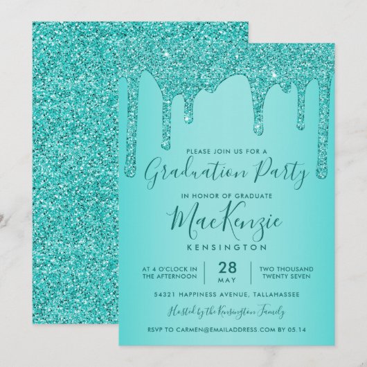 Aqua Blauwgroen sparkle Glitter Drift Graduparty Kaart (Voorkant / Achterkant)