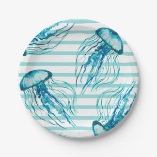 Aqua Blauwgroen Stripes Waterverf Jellyfish Papieren Bordje