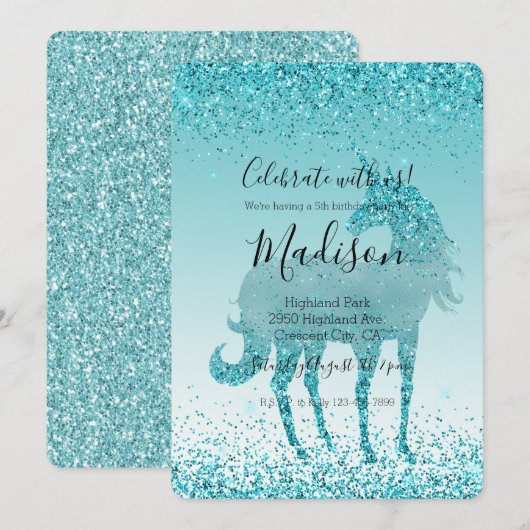 Aqua Blauwgroen Turquoise Sparkle Eenhoorn Kaart (Voorkant / Achterkant)