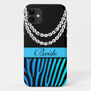 Aqua blauwgroen zebra strepen bruinparelpareltje i iPhone 11 hoesje