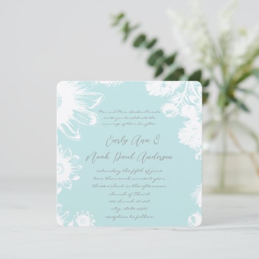 Aqua Bleu Turquoise Faire-part de mariage Floral V (Debout devant)
