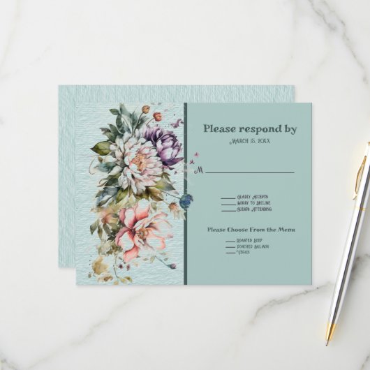 Aqua Bloemen Gazon Bruiloft RSVP Kaartje (Voorkant / Achterkant in situ)