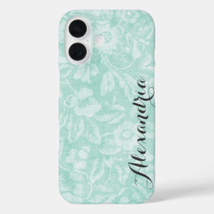 Aqua bloemenprint monogram iPhone 16 hoesje