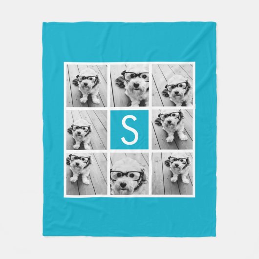 Aqua Blue 8 Aangepast monogram fotocollage Fleece Deken (Voorkant)