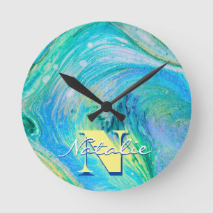 Aqua Blue Acryl Flow Art  Ronde Klok