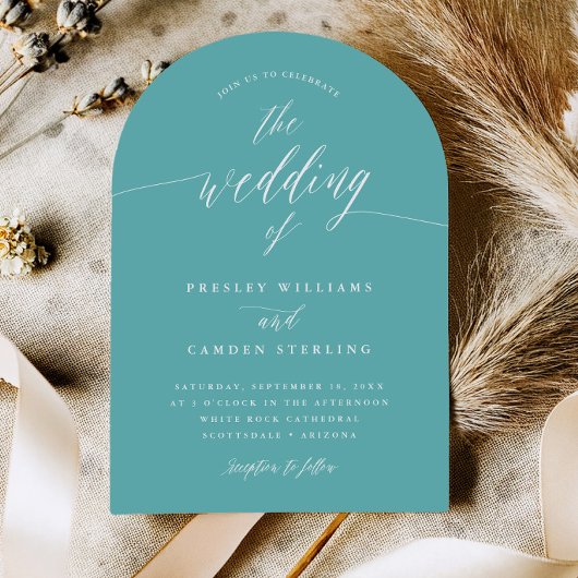 Aqua Blue Arch Wedding Calligraphy Invitation Card