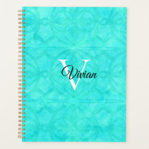 Aqua Blue Batik Élégant Monogramme Nom Planificate