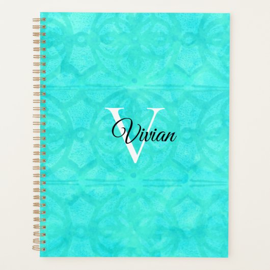 Aqua Blue Batik Élégant Monogramme Nom Planificate (Devant)
