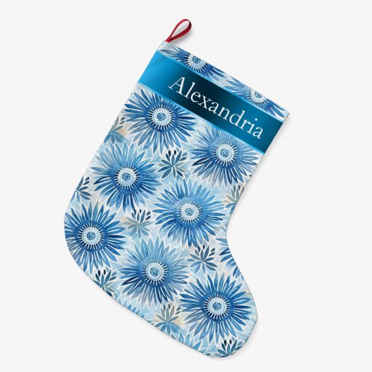 Aqua Blue Batik Floral Kerstnaam Grote Kerstsok (Voorkant (Hangend))