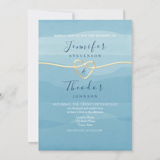 Aqua Blue Beach Wedding Invitation avec Gold Heart (Devant)