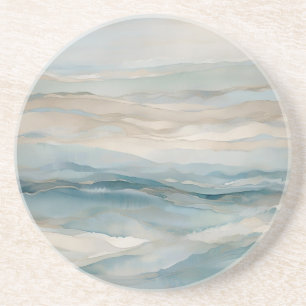 Aqua Blue Beige Blauwgroen Crème Abstracte Golf Pa Zandsteen Onderzetter