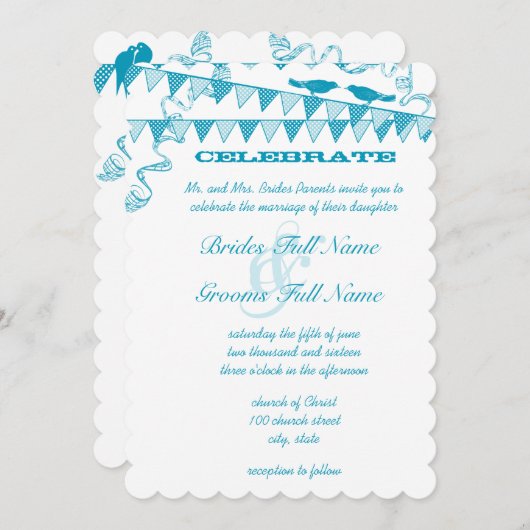 Aqua Blue Bird Bunting Pennant Invitations de mari (Devant / Derrière)