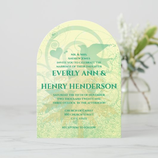 Aqua Blue Birds & Pine Trees Invitations de mariag (Debout devant)