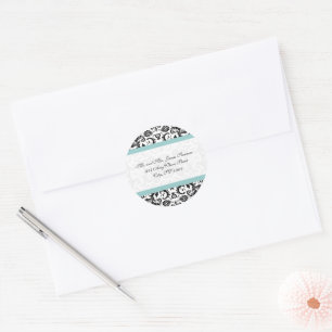 Aqua Blue Black Damask Adres Weddenschappen Ronde Sticker
