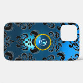 AQUA BLUE BLACK DAMASK GEMSTONE MONOGRAM Case-Mate iPhone CASE (Achterkant (horizontaal))