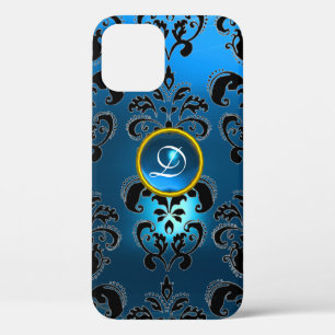 AQUA BLUE BLACK DAMASK GEMSTONE MONOGRAM iPhone 12 HOESJE
