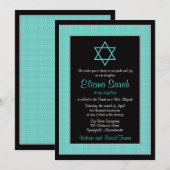 Aqua Blue Black Polka Dot Bat Mitzvah Uitnodiging (Voorkant / Achterkant)