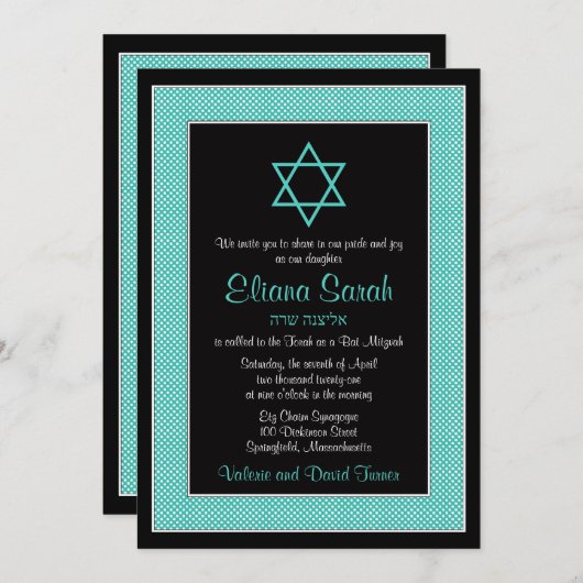 Aqua Blue Black Polka Dot Bat Mitzvah Uitnodiging (Voorkant / Achterkant)