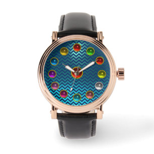 AQUA BLUE BLAUWGROEN CHEVRONEN EN 3D KLEURSTONES HORLOGE