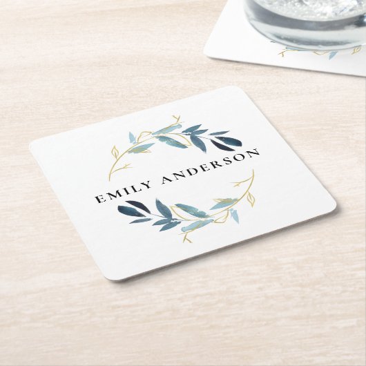 AQUA BLUE BLAUWGROEN GOLD FOLIAGE WATERVERF WREATH VIERKANTE KARTONNEN ONDERZETTER (Schuin)