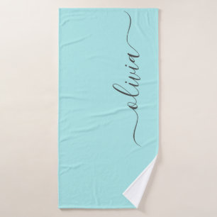 Aqua Blue Blauwgroen modern script meisjesmonogram Badhanddoek