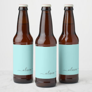 Aqua Blue Blauwgroen modern script meisjesmonogram Bier Etiket