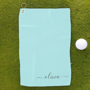 Aqua Blue Blauwgroen modern script meisjesmonogram Golfhanddoek