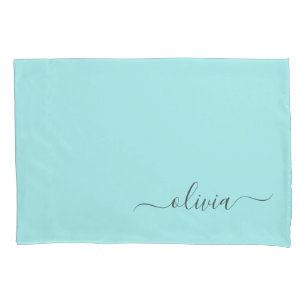 Aqua Blue Blauwgroen modern script meisjesmonogram Kussensloop