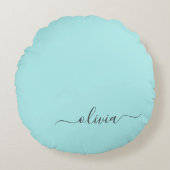 Aqua Blue Blauwgroen modern script meisjesmonogram Rond Kussen (Voorkant)