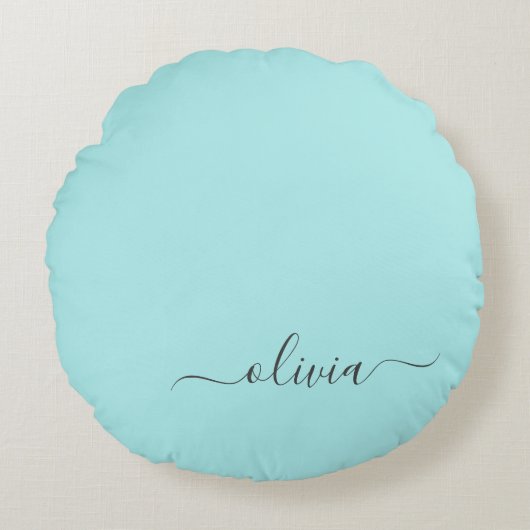 Aqua Blue Blauwgroen modern script meisjesmonogram Rond Kussen (Voorkant)