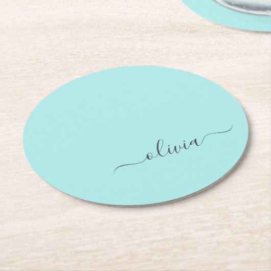 Aqua Blue Blauwgroen modern script meisjesmonogram Ronde Kartonnen Onderzetter (Gebogen)