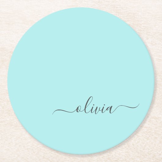 Aqua Blue Blauwgroen modern script meisjesmonogram Ronde Kartonnen Onderzetter (Voorkant)
