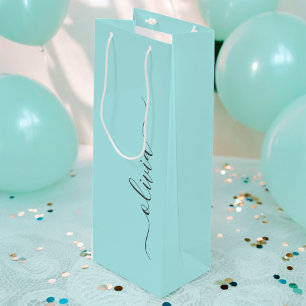 Aqua Blue Blauwgroen modern script meisjesmonogram Wijn Cadeautas