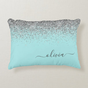Aqua Blue Blauwgroen Silver Glitter Monogram Accent Kussen