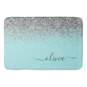 Aqua Blue Blauwgroen Silver Glitter Monogram Badmat (Voorkant)