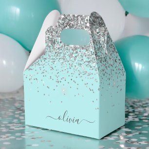 Aqua Blue - Blauwgroen Silver Glitter Monogram Bedankdoosjes
