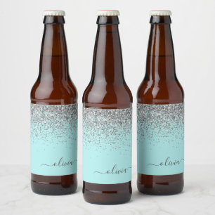 Aqua Blue Blauwgroen Silver Glitter Monogram Bier Etiket