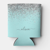 Aqua Blue Blauwgroen Silver Glitter Monogram Blikjeskoeler (Voorkant)