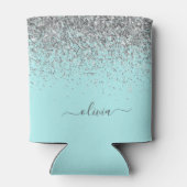 Aqua Blue Blauwgroen Silver Glitter Monogram Blikjeskoeler (Achterkant)