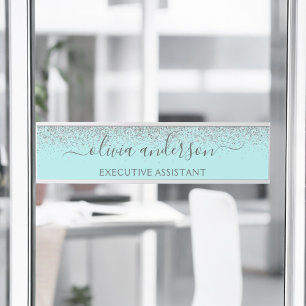 Aqua Blue Blauwgroen Silver Glitter Monogram Deurbordje