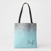 Aqua Blue Blauwgroen Silver Glitter Monogram Draagtas (Voorkant)