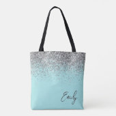 Aqua Blue Blauwgroen Silver Glitter Monogram Draagtas (Achterkant)