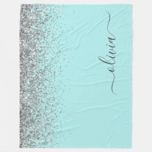 Aqua Blue Blauwgroen Silver Glitter Monogram Fleece Deken