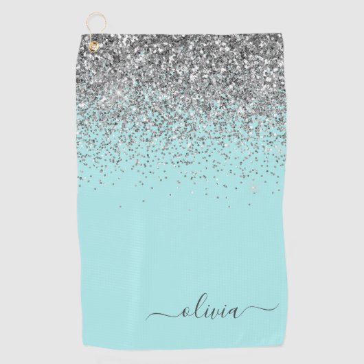 Aqua Blue Blauwgroen Silver Glitter Monogram Golfhanddoek (Voorkant)