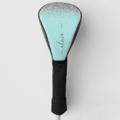 Aqua Blue Blauwgroen Silver Glitter Monogram Golfheadcover (Voorkant)