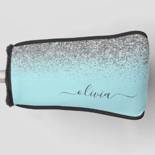 Aqua Blue Blauwgroen Silver Glitter Monogram Golfheadcover
