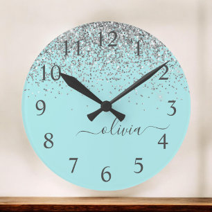 Aqua Blue Blauwgroen Silver Glitter Monogram Grote Klok